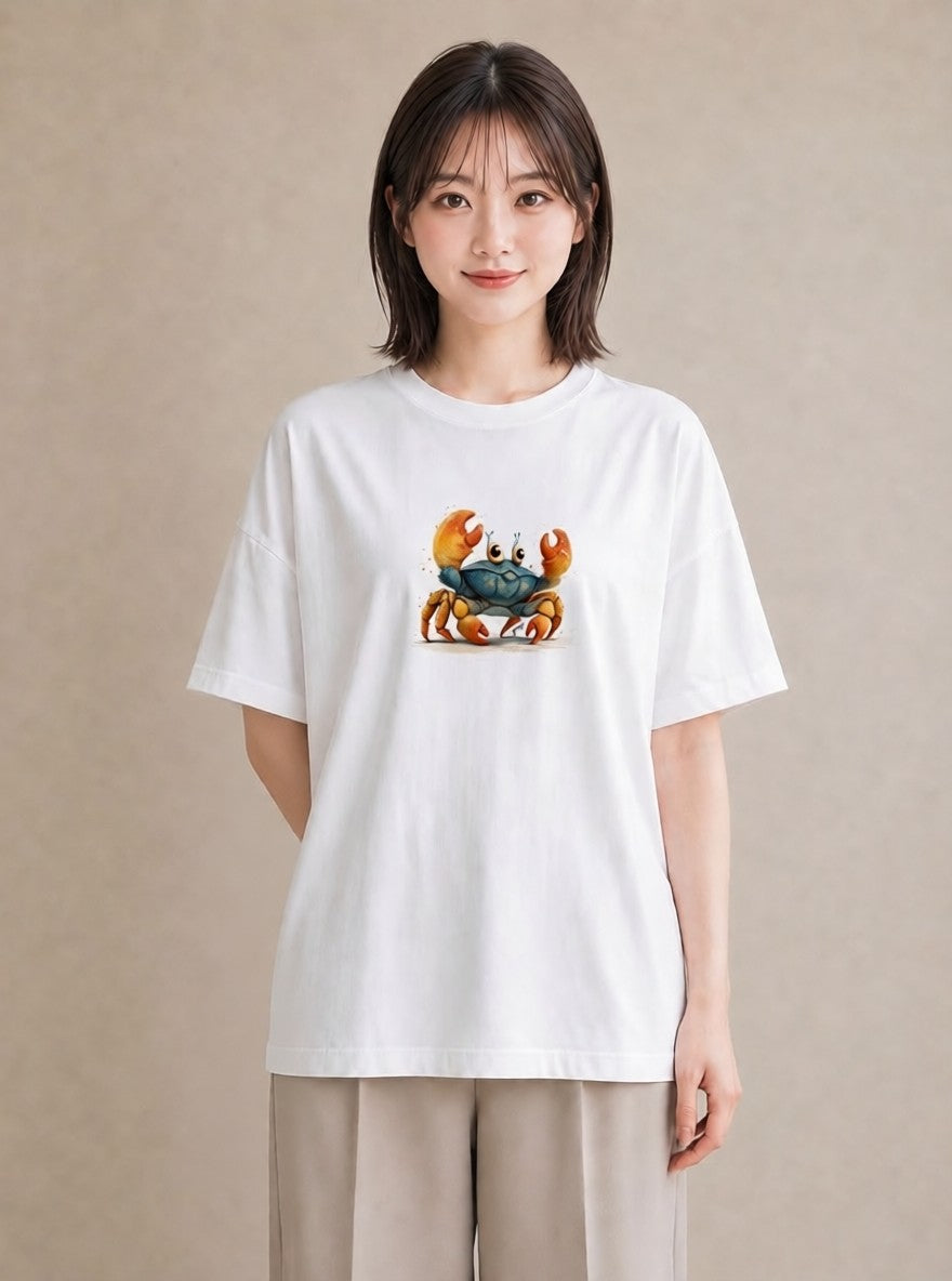 半袖Tシャツ レディース ヤドカリ 海の生き物 海 イラスト フェミニン ママ カフェ服 白T YMAZO