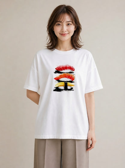 Tシャツ レディース お寿司 食べ物 フード イラスト ラフカジュアル 海 カフェ巡り 白T YMAZO