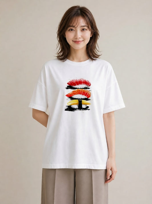 Tシャツ レディース お寿司 食べ物 フード イラスト ラフカジュアル 海 カフェ巡り 白T YMAZO