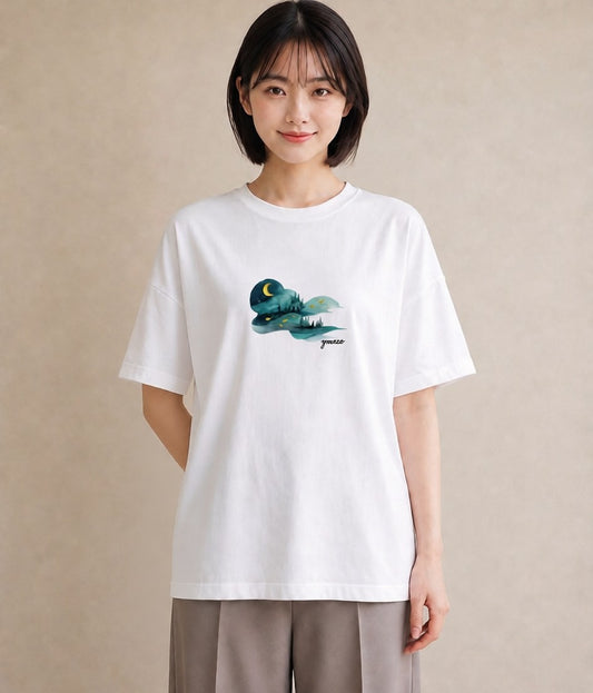 Tシャツ レディース オーロラ 星空 宇宙 イラスト 北欧風 帰省 ラフ 白T YMAZO