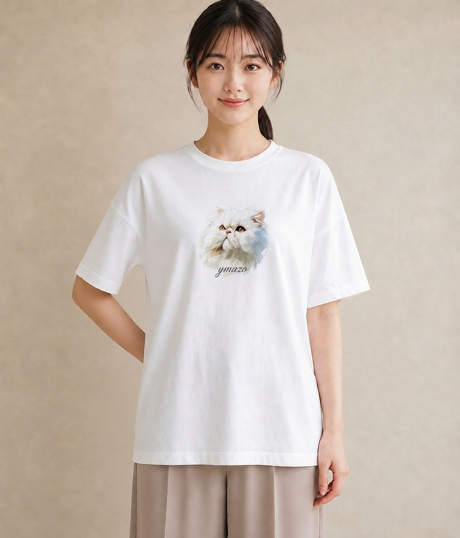 デザインTシャツ レディース メインクーン 猫 ねこ イラスト 普段使い 旅行 母娘コーデ 白T YMAZO