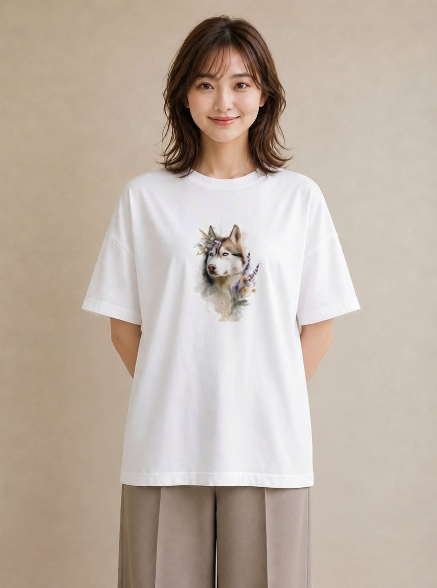Tシャツ レディース シベリアンハスキー 犬 いぬ イラスト 休日コーデ 送別ギフト 通勤 白T YMAZO