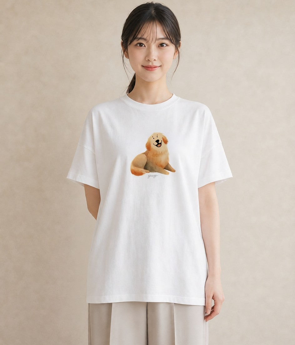 半袖Tシャツ レディース わんちゃん 犬 いぬ イラスト ラフ 普段着 週末コーデ 白T YMAZO