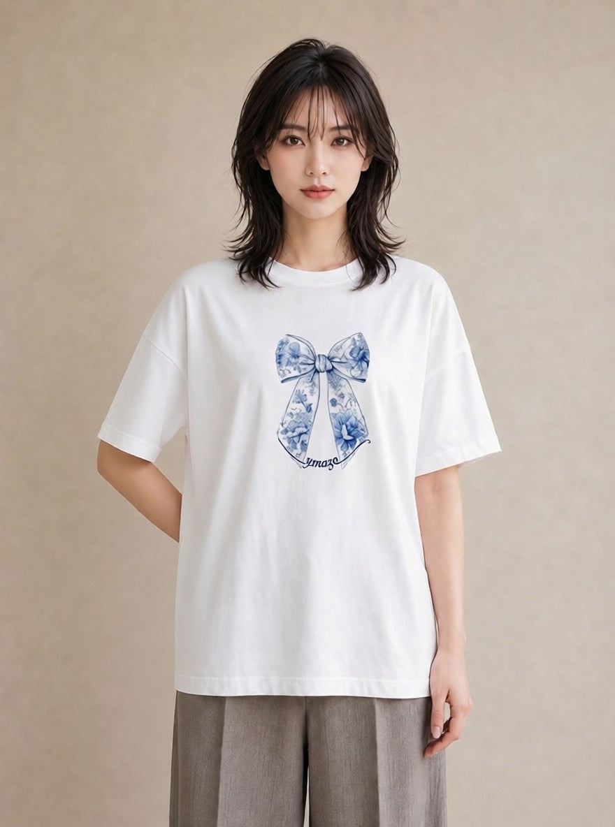 プリントTシャツ レディース レースハンカチ レース ハンカチ ナチュラル アンティーク イラスト 淡色 友達ギフト 部屋着 白T YMAZO