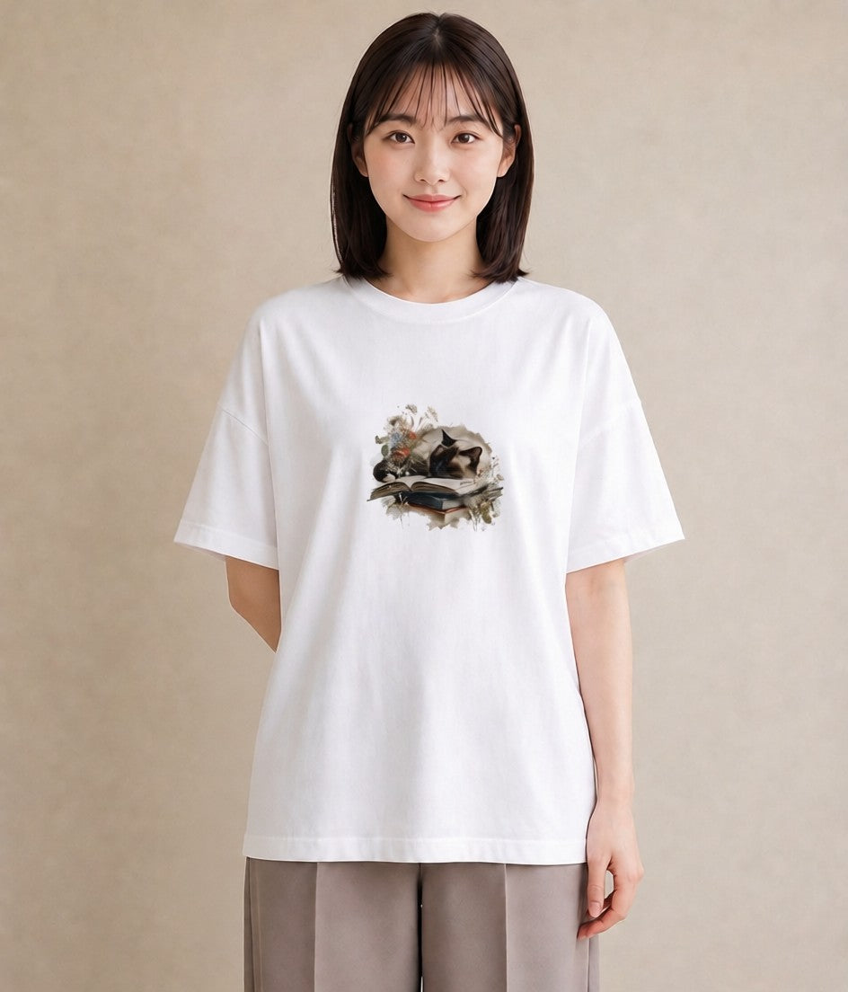 半袖Tシャツ レディース シャム柄 猫 ねこ イラスト モード 女子会 お揃い 白T YMAZO