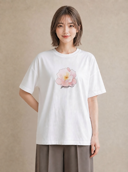 Tシャツ レディース 牡丹 花 花柄 イラスト 旅行コーデ 公園 ママ 白T