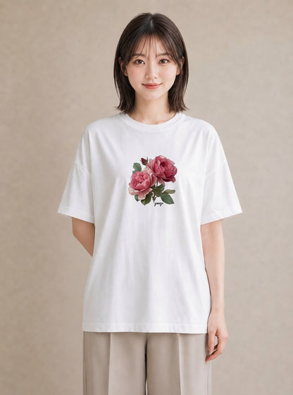 半袖Tシャツ レディース バラ 薔薇 ローズ 花 花柄 イラスト アート風 女性 旅行用 白T YMAZO