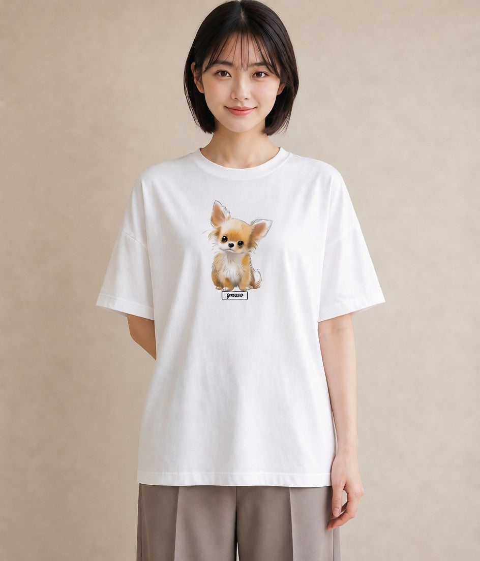 Tシャツ レディース ロングコートチワワ 犬 いぬ イラスト モード 誕生日プレゼント 綿100 白T YMAZO