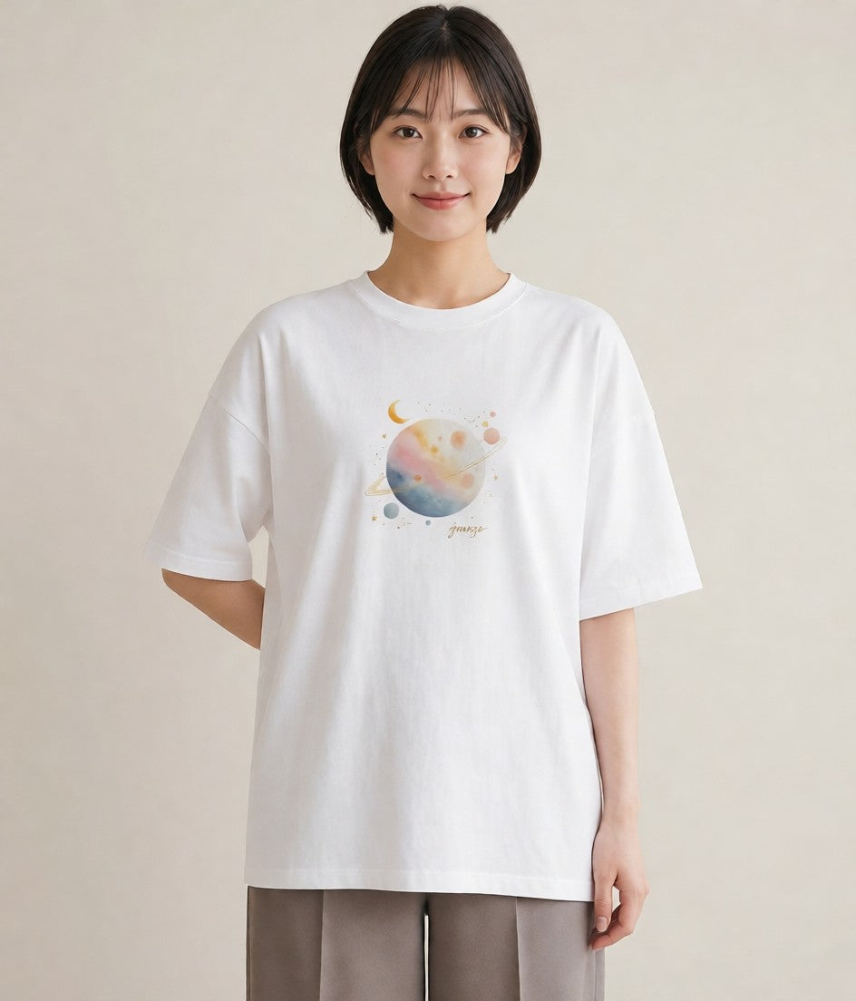 プリントTシャツ レディース 満月 星空 宇宙 イラスト きれいめカジュアル クリスマス 旅行 白T YMAZO