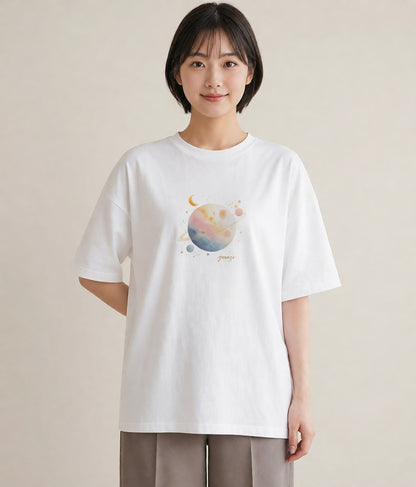 プリントTシャツ レディース 満月 星空 宇宙 イラスト きれいめカジュアル クリスマス 旅行 白T YMAZO