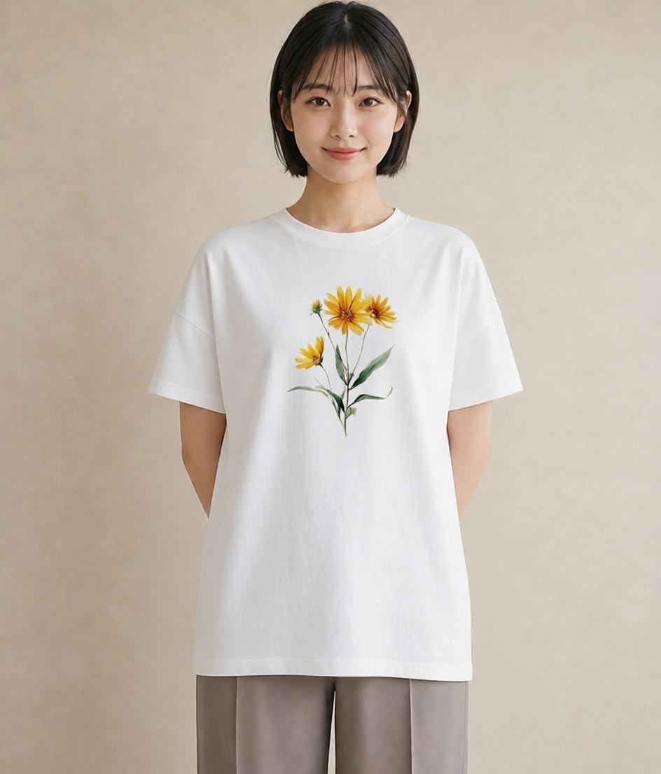 プリントTシャツ レディース ひまわり 向日葵 花 花柄 イラスト 普段使い 休日 ペアコーデ 白T YMAZO