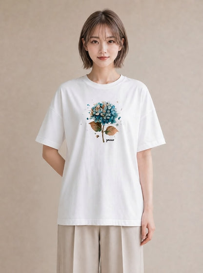 デザインTシャツ レディース あじさい 紫陽花 アジサイ 花 花柄 イラスト お洒落 カフェ服 クリスマス 白T YMAZO