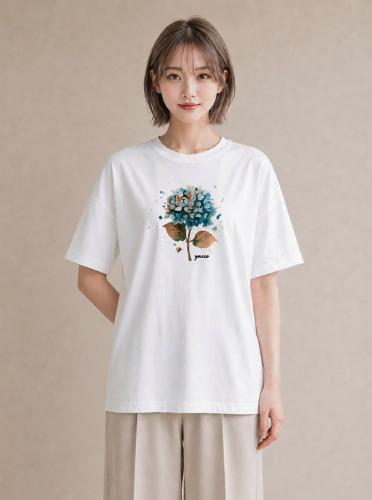 デザインTシャツ レディース あじさい 紫陽花 アジサイ 花 花柄 イラスト お洒落 カフェ服 クリスマス 白T YMAZO