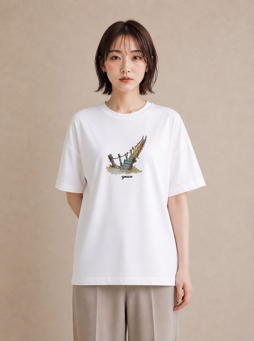 Tシャツ レディース 小川 橋 せせらぎ ナチュラル アンティーク イラスト ゆるかわ デート 帰省 白T YMAZO