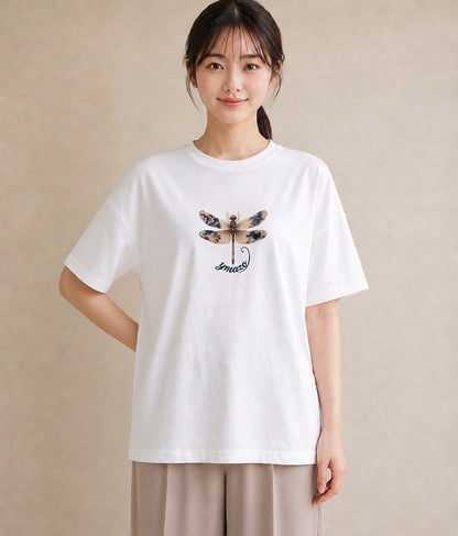 半袖Tシャツ レディース とんぼ 昆虫 虫 イラスト 手描き風 通学 誕生日プレゼント 白T YMAZO