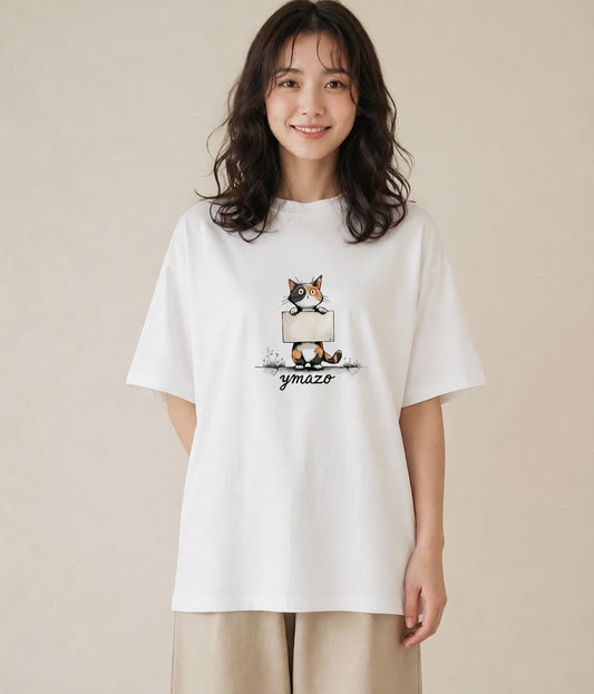 プリントTシャツ レディース ぶち猫 猫 ねこ イラスト きれいめ 普段着 週末コーデ 白T YMAZO