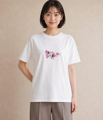 半袖Tシャツ レディース コスモス 秋桜 花 花柄 イラスト ミニマル 誕生日プレゼント 綿100 白T YMAZO