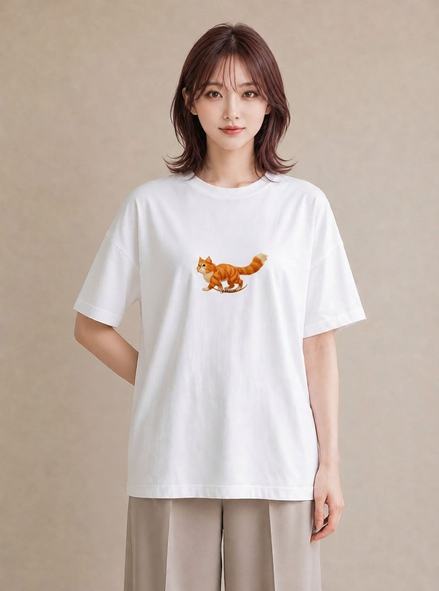 グラフィックTシャツ レディース 茶トラ 茶猫 猫 ねこ イラスト 淡色 自分用 ルームウェア 白T YMAZO