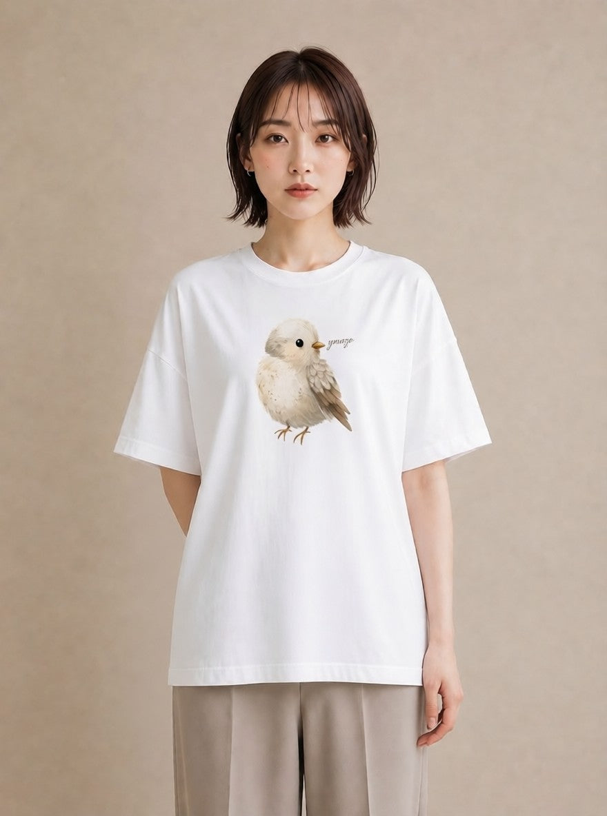 デザインTシャツ レディース 遠い家と鳥 風景 鳥 ナチュラル アンティーク イラスト 線画 母の日 ビーチ 白T YMAZO