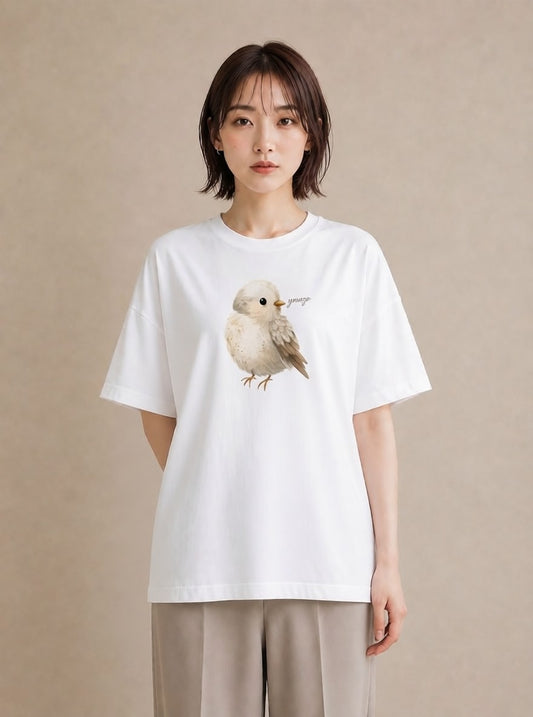 デザインTシャツ レディース 遠い家と鳥 風景 鳥 ナチュラル アンティーク イラスト 線画 母の日 ビーチ 白T