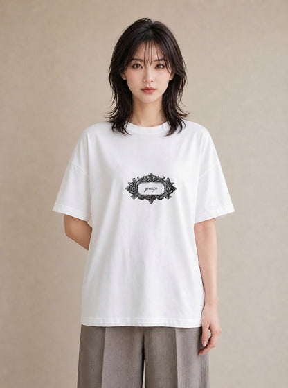 デザインTシャツ レディース 手鏡 アンティーク レトロ ナチュラル イラスト 休日コーデ ビーチ デイリーウェア 白T YMAZO