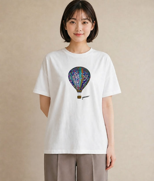 デザインTシャツ レディース 気球 星空 宇宙 イラスト ガーリー カジュアルコーデ 買い物 白T YMAZO