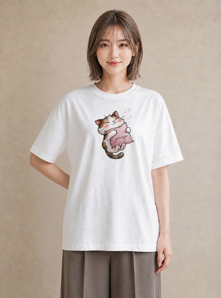 プリントTシャツ レディース ニャンコ 猫 ねこ イラスト シンプル 自分用 ルームウェア 白T YMAZO