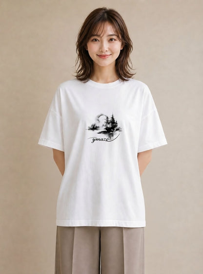 グラフィックTシャツ レディース 窓辺の雨 雨の日 窓 ナチュラル アンティーク イラスト ヴィンテージ風 ビーチ デイリーウェア 白T YMAZO