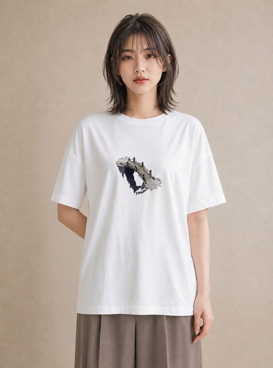 Tシャツ レディース 小川 橋 せせらぎ ナチュラル アンティーク イラスト ラフ 旅行用 海 白T YMAZO