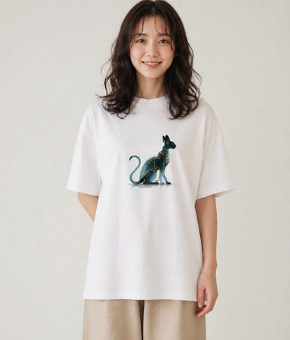Tシャツ レディース スフィンクス 猫 ねこ イラスト 北欧風 ラフ レイヤード 白T YMAZO