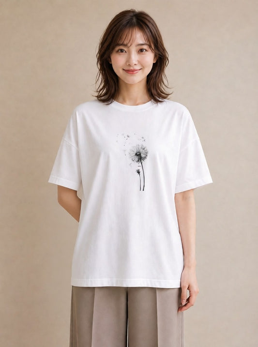 半袖Tシャツ レディース たんぽぽ 花 花柄 イラスト ラフカジュアル 週末コーデ 敬老の日 白T YMAZO