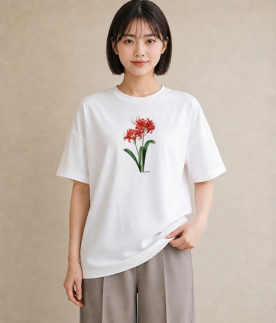 半袖Tシャツ レディース 彼岸花 花 花柄 イラスト 韓国風 レイヤード 友達ギフト 白T