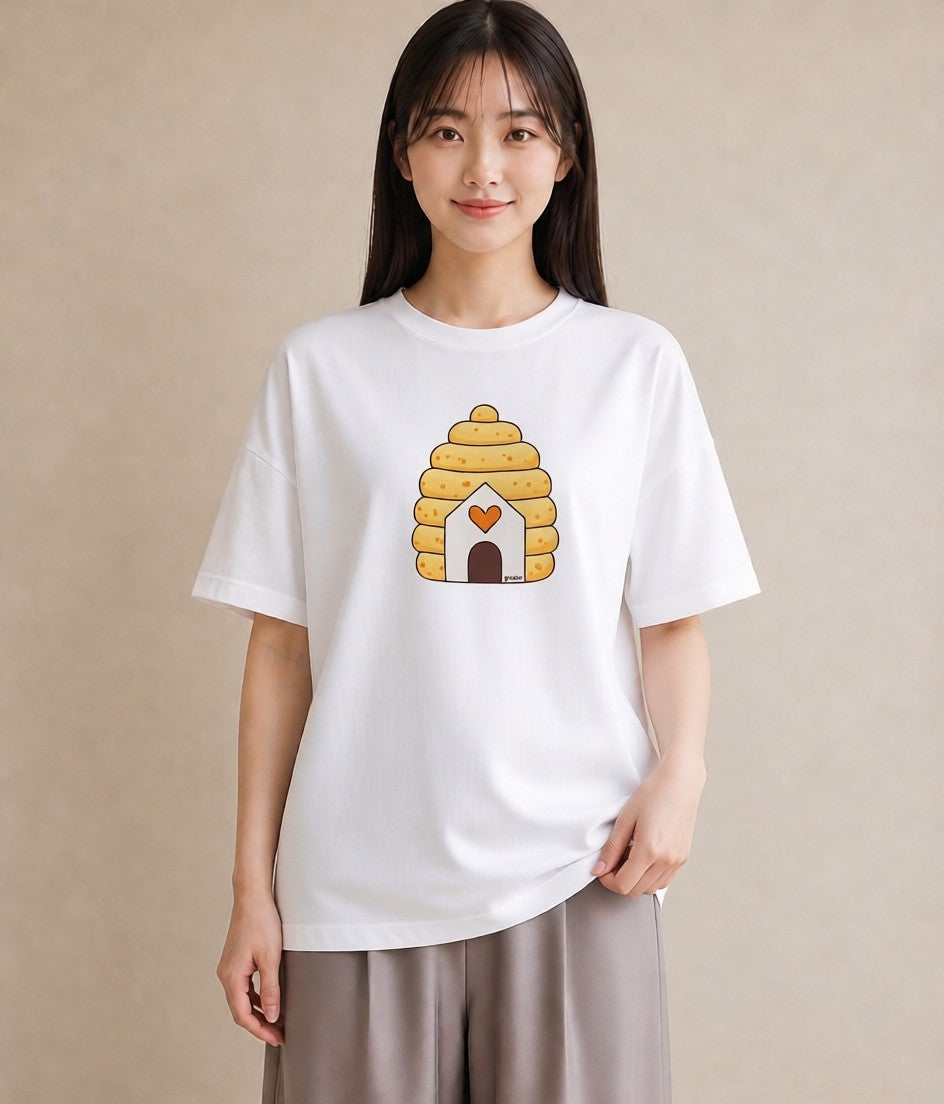 プリントTシャツ レディース ハニー 食べ物 フード イラスト 韓国風 買い物 夏コーデ 白T YMAZO