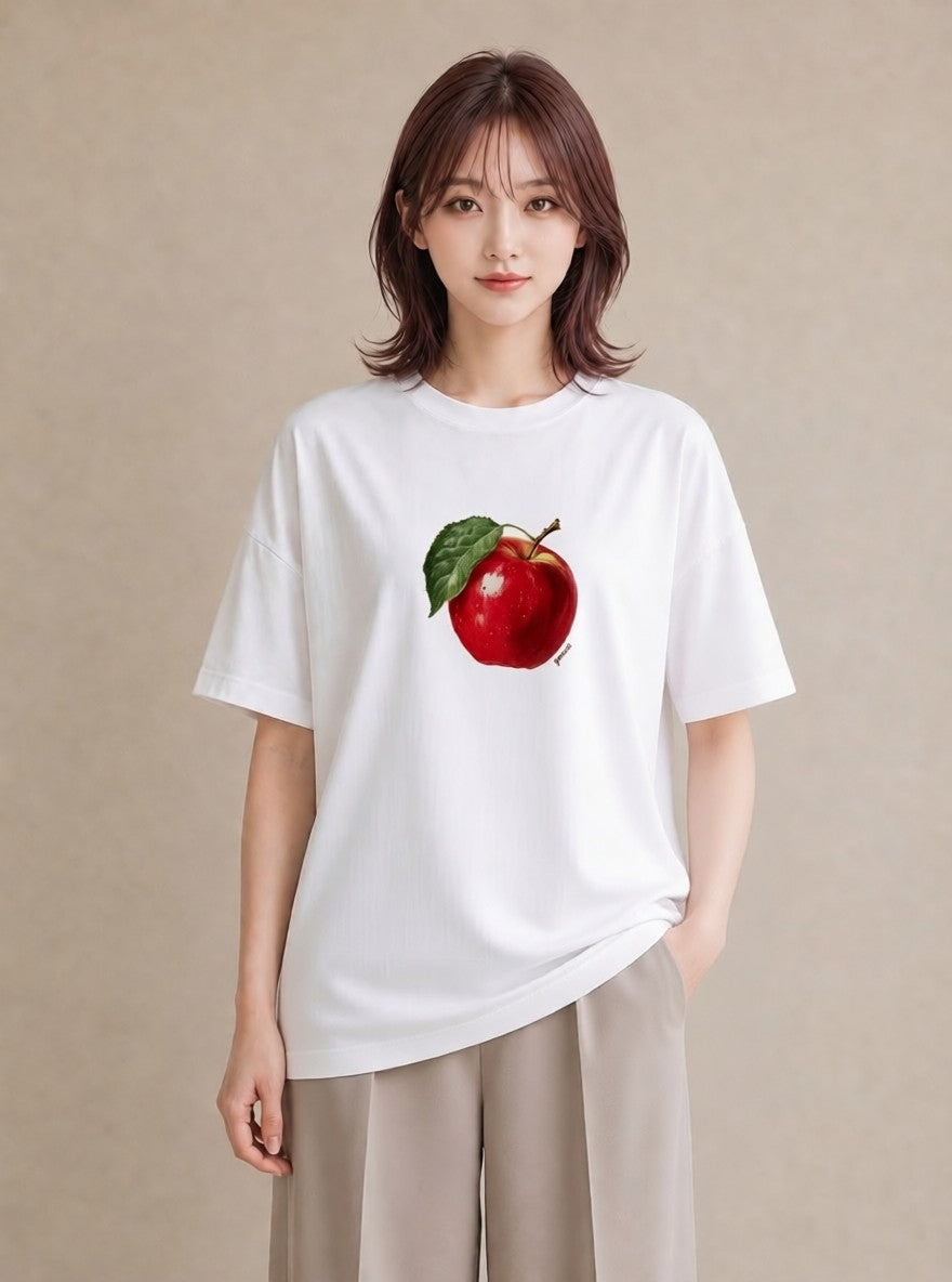 グラフィックTシャツ レディース りんご 林檎 アップル 食べ物 フード イラスト レトロ 友達ギフト 部屋着 白T YMAZO