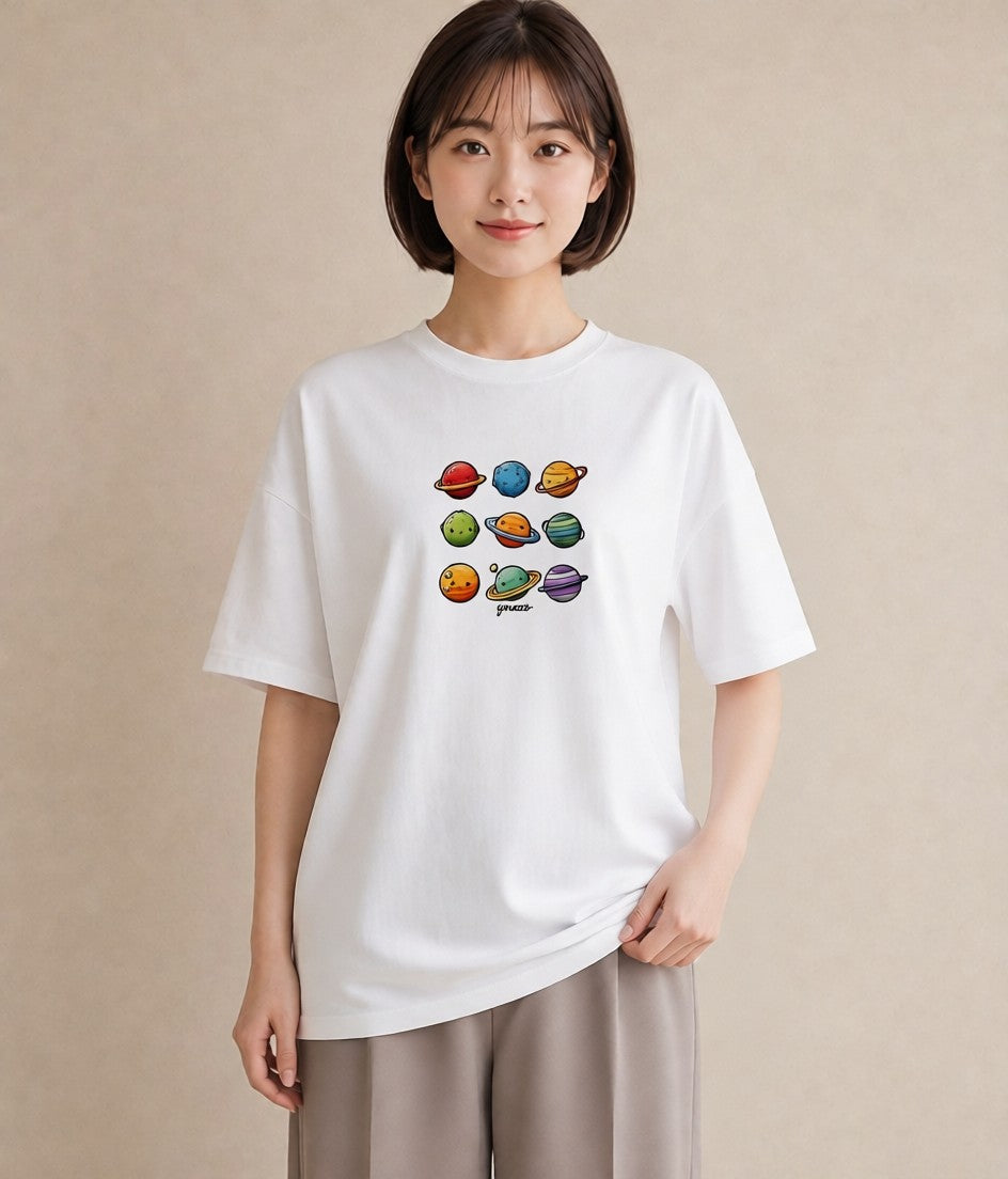 半袖Tシャツ レディース 宇宙 星空 イラスト 旅行コーデ デイリーウェア 休日 白T YMAZO