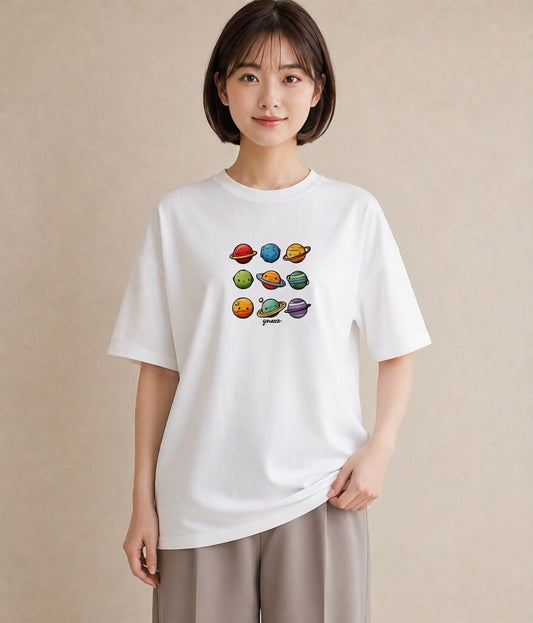 半袖Tシャツ レディース 宇宙 星空 イラスト 旅行コーデ デイリーウェア 休日 白T YMAZO