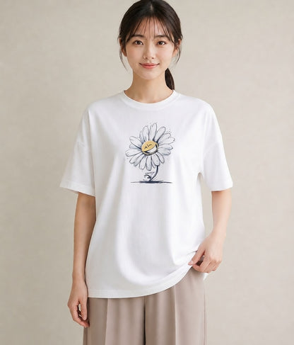 Tシャツ レディース マーガレット 花 花柄 イラスト ゆるかわ 海 カフェ巡り 白T YMAZO