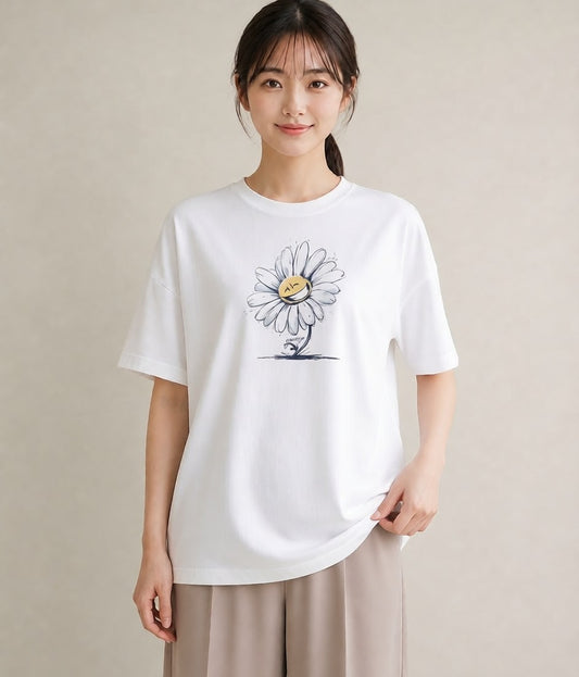 Tシャツ レディース マーガレット 花 花柄 イラスト ゆるかわ 海 カフェ巡り 白T YMAZO