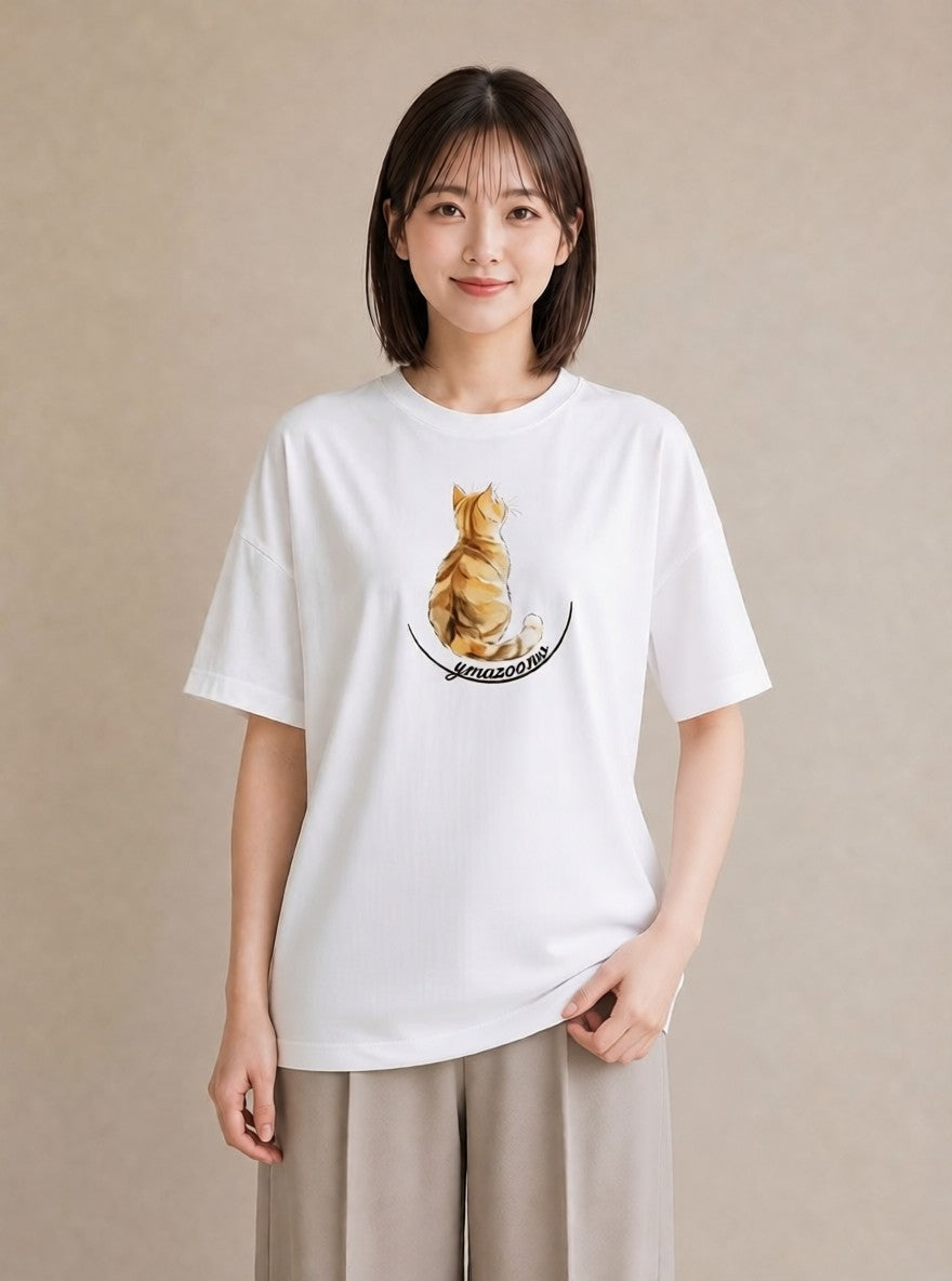 グラフィックTシャツ レディース 猫 ねこ イラスト 線画 海 カフェ巡り 白T YMAZO