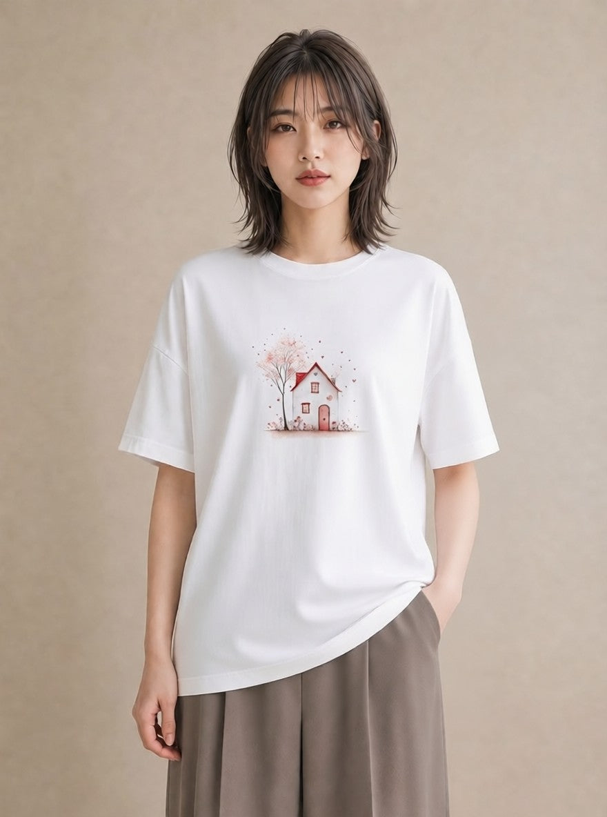半袖Tシャツ レディース 遠い家と鳥 風景 鳥 ナチュラル アンティーク イラスト ヴィンテージ風 レイヤード 友達ギフト 白T YMAZO