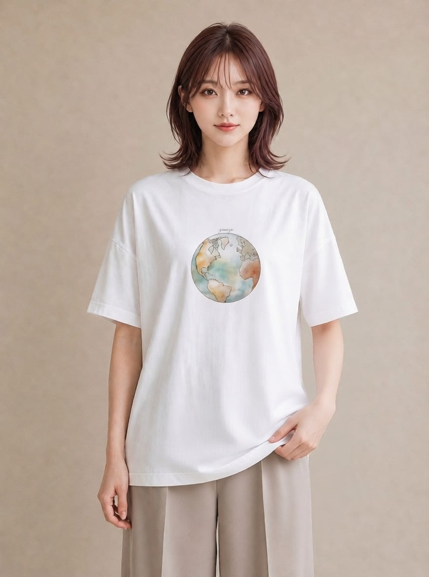 グラフィックTシャツ レディース オーロラ 星空 宇宙 イラスト 個性的 お出かけ 普段着 白T YMAZO