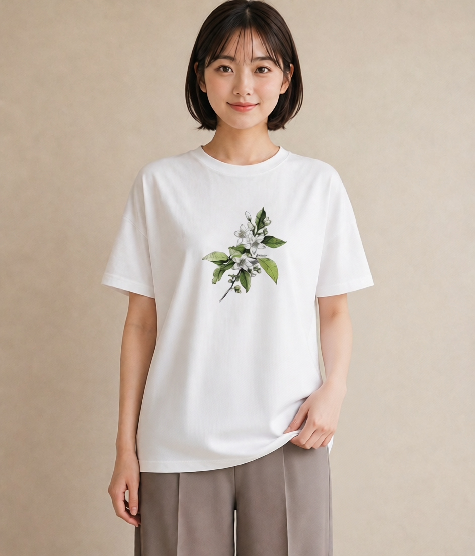 半袖Tシャツ レディース 金木犀 花 花柄 イラスト 手描き風 自分用 ルームウェア 白T