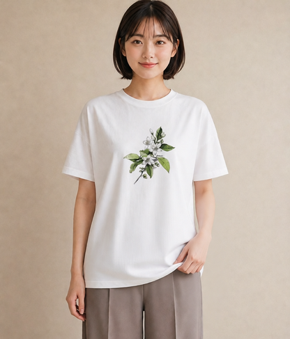 半袖Tシャツ レディース 金木犀 花 花柄 イラスト 手描き風 自分用 ルームウェア 白T