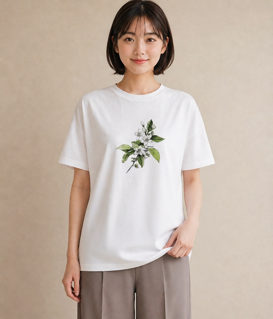 半袖Tシャツ レディース 金木犀 花 花柄 イラスト 手描き風 自分用 ルームウェア 白T YMAZO