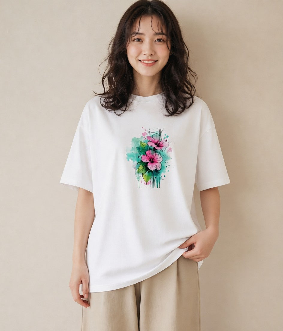 Tシャツ レディース あさがお 朝顔 花 花柄 イラスト 抜け感 休日 ペアコーデ 白T YMAZO