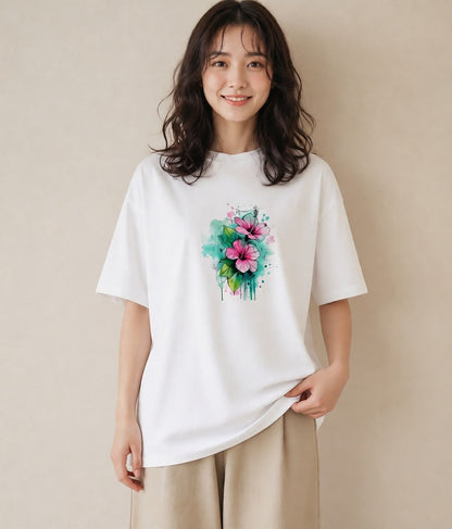 Tシャツ レディース あさがお 朝顔 花 花柄 イラスト 抜け感 休日 ペアコーデ 白T YMAZO