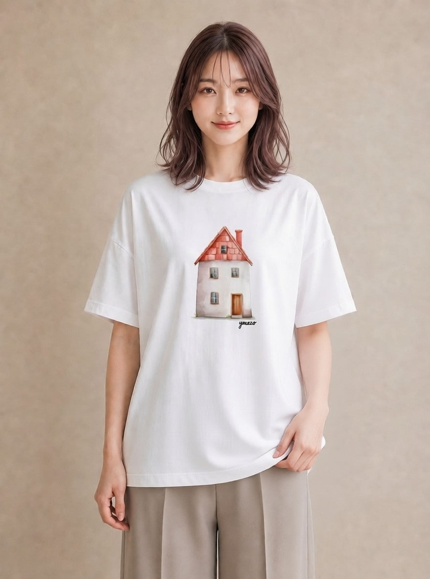 Tシャツ レディース 夕暮れ バルコニー 夕焼け ナチュラル アンティーク イラスト ボタニカル 部屋着 女性向けギフト 白T YMAZO