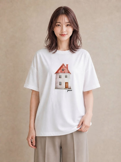Tシャツ レディース 夕暮れ バルコニー 夕焼け ナチュラル アンティーク イラスト ボタニカル 部屋着 女性向けギフト 白T YMAZO