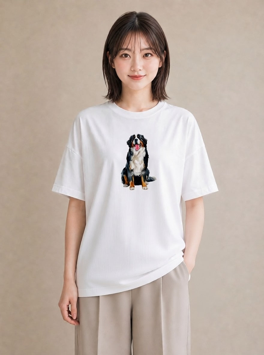 デザインTシャツ レディース バーニーズマウンテンドッグ 犬 いぬ イラスト レトロ ラフ レイヤード 白T YMAZO