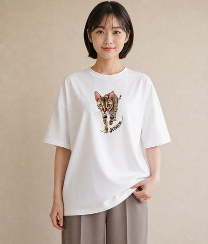 Tシャツ レディース ぶち猫 猫 ねこ イラスト ゆるかわ 女性向けギフト 散歩 白T YMAZO
